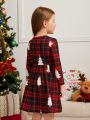 SHEIN Young Girl 1pc Christmas Tree & Plaid Print Dress