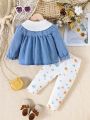 Infant Girls' Contrast Color Embroidered Peter Pan Collar Shirt And Pants Set