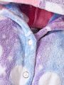 Baby Girl Ombre Moon & Star Pattern Hooded Belted Flannel Coat