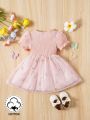 Baby Girl Butterfly Knot Front Bubble Sleeve Embroidery Mesh Princess Dress