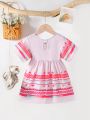 Baby Girls' Style Fresh And Lovely Floral Print Short Sleeve Dress For Spring And Summer