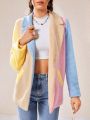 SHEIN Qutie Color Block Lapel Neck Open Front Teddy Coat