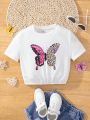 SHEIN Kids EVRYDAY Girls' Knitted Butterfly Pattern Crewneck Slim Fit Crop Tee