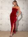 SHEIN Tall Women's 3d Flower Strapless Dress With Ruffle Hem And High Slit