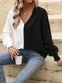 Women's Color Block V-neck Wrap Front Shirred Blouse