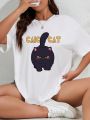 Women's Plus Size Letter & Cat Print Drop Shoulder Short Sleeve Round Neck T-shirt