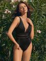 SHEIN Leisure Solid Color Deep V-neck One-piece Swimsuit