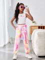 SHEIN Kids Cooltwn Tween Girls' Casual Street Style Sleeveless Knit Top With Round Neckline And Elastic Waist Jogger Pants