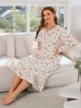 Plus Size Women's Cute Floral Print Ruffle Hem Homewear Nightgown Dress