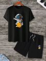 Manfinity Hypemode Men's Casual Cartoon Astronaut Print Round Neck T-shirt And Shorts Set