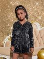 SHEIN Kids Cooltwn Tween Girl 1pc Surplice Neck Sequin Romper