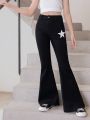 Girls' (Big) New Style Casual Fashionable All-Match Slimming Star Pattern Washed Denim Bell-Bottoms