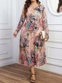 Plus Size Full Blooming Flower Print Long Sleeve Dress