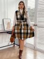 SHEIN LUNE Women'S Plus Size Plaid Belted Dress