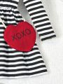 SHEIN Kids EVRYDAY Little Girls' Autumn Fashionable Striped Round Neck Long Sleeve Dress With Heart & Letter Print Design Plus Bag