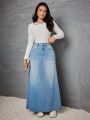 SHEIN Privé High Waist Denim A-Line Skirt With Washed Effect