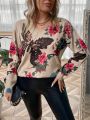 Plus Butterfly & Floral Pattern Drop Shoulder Sweater