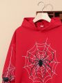 SHEIN Kids HYPEME Tween Boy Spider Web Print Hoodie & Drawstring Waist Sweatpants