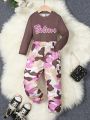 SHEIN Kids CHARMNG Girls (Small) Letter Printed Long-Sleeved T-Shirt And Camouflage Trousers Two-Piece Set