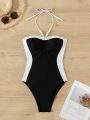 SHEIN Swim Chicsea Ladies' Color Block One-Piece Swimsuit With Halter Neck