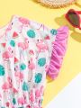 Tween Girls' Flamingo Print Cover Up With Ruffle Hem Detail