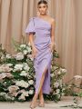 SHEIN Solid One Shoulder Lantern Sleeve Split Thigh Bridesmaid Dress