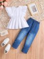 SHEIN Kids EVRYDAY Toddler Girls' Casual Ladylike Waffle Weave Doll Collar Top And Denim-Look Printed Pants Set For Spring And Summer