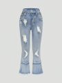 Little Girl's Light Washed Blue Stretch Ripped Denim Trousers