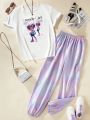 Teen Girls' Trendy Printed T-shirt And Cargo Pants Two Piece Set