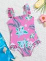 Baby Girls' One-piece Swimsuit With Flower Pattern And Ruffled Hem