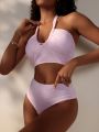 SHEIN Swim Vcay Women's Solid Color Halter Top And High Waisted Triangle Bottom Bikini Swimsuit Set