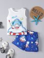 Baby Boys' Cartoon Shark Printed Vest And Shorts Set
