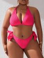 SHEIN Swim Basics Plus Size Women'S Halterneck Lace-Up Swimsuit Suit