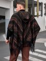 Manfinity Homme Men's Plus Size Geometric Pattern Hooded Raincoat Sweater With Batwing Sleeves And Tassel Hem