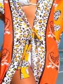 SHEIN Swim Vcay Women's Loose Fit Kimono Cardigan With Full-Print And Waist Belt For Casual Wear