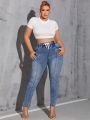 SHEIN SXY Plus Size High Waist Jeans With Waist Tie, Slim Fit