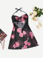 Women's Floral Printed Neck Hanging Strap Nightdress