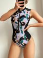 SHEIN Swim SPRTY Women's Chain Botanical Print One Piece Swimsuit