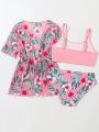 3pcs/Set Young Kids' Swimsuit Set/Random Print/Ruffled Edge With Lock Edge