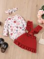 Baby Girls' Elegant Romantic Floral Printed Long Sleeve Jumpsuit With Suspender Skirt Set