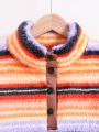 SHEIN Kids Academe Tween Boy Striped Kangaroo Pocket Half Button Fuzzy Sweatshirt