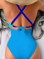 SHEIN Swim Vcay Color Block Twist Front Halter One Piece Swimsuit