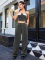 SHEIN Qutie Contrast Fold Over Button Up Bandeau Top And Pants Set