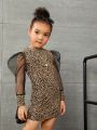 SHEIN Kids Cooltwn Toddler Girls Leopard Print Contrast Mesh Dress