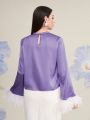 SHEIN Modely Feather Decorated Flared Sleeve Satin Blouse