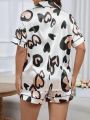 Comfortable And Loose Plus Size Women's Short Sleeve And Short Pants Homewear Set With Heart Pattern