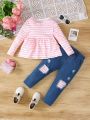 Toddler Girls' Cute Striped Top With Flounce Hem And Jeans-Like Pants