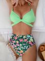 SHEIN Swim Mod Flower Patterned Halterneck Swimsuit With Circular Ring - Bikini Set