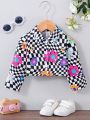 Young Girl Checkerboard And Floral Print Button Up Jacket