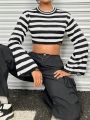 SHEIN Coolane Crop Distressed Sweater With Stripes